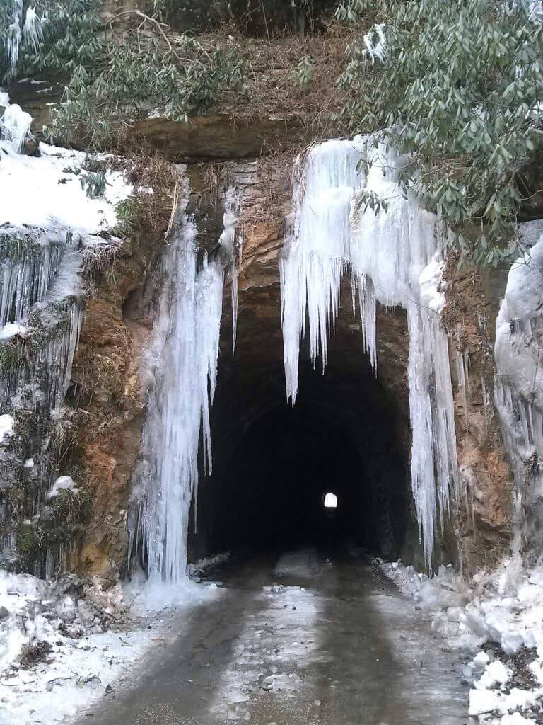 Nada Tunnel framed by huge winter icicles
