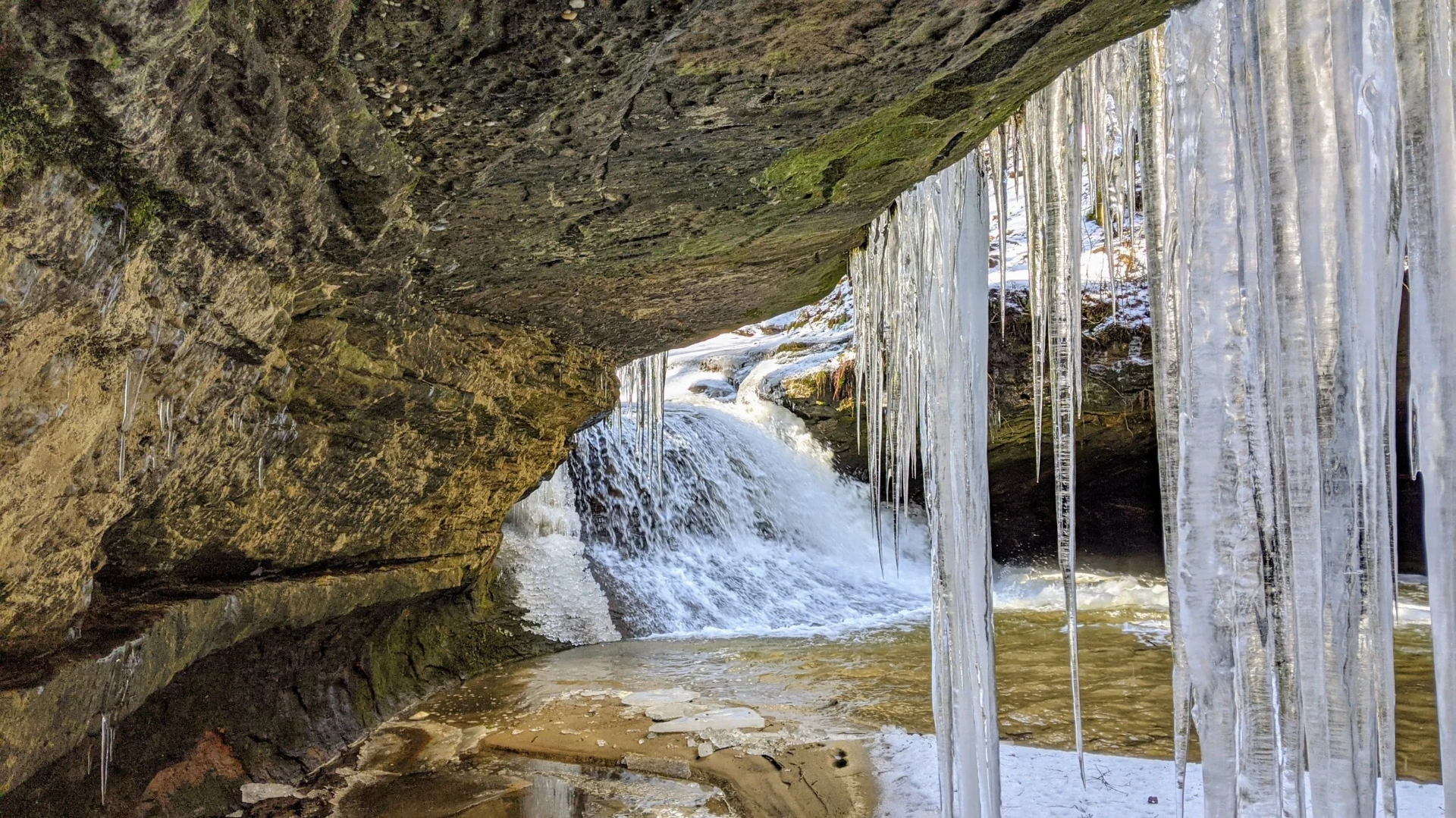 Massive icicles hanging from a sandstone overhang in winter