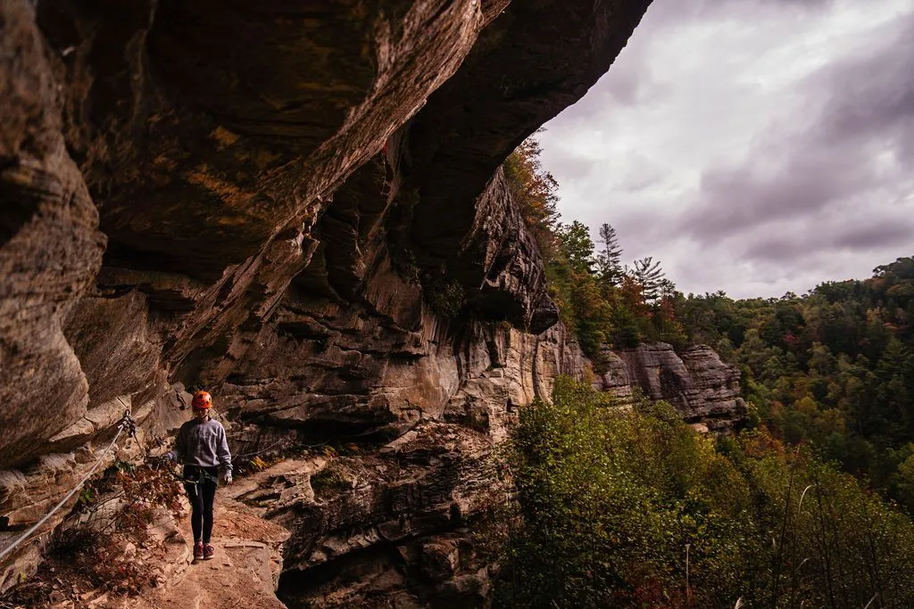 Via ferrata route along a sandstone cliff in Kentucky